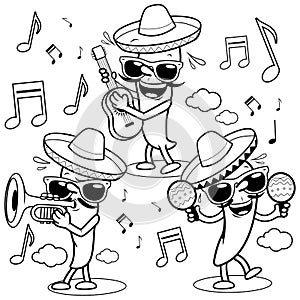 Cartoon hot mariachi peppers. Vector black and white coloring page.