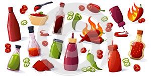 Cartoon hot sauce. Mexican spicy ketchup wasabi mustard with chilli peppers, spicy sauce food ingredients. Vector isolated set