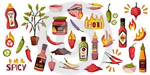 Cartoon hot sauces. Chili and spicy ketchups in plastic and glass bottles, tabasco and salsa, red and green burning