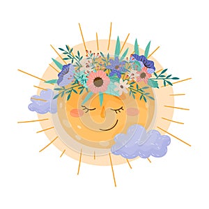 Cartoon Hot Sleeping Sun with Flower Wreath on His Head Vector Illustration