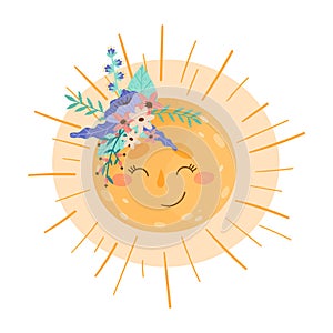 Cartoon Hot Smiling Sun with Flower Wreath on His Head Vector Illustration