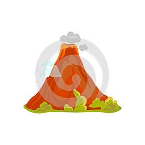 Cartoon hot volcano with magma and lava. Vulcano rock mountains icon isolated on white. Vector illustration