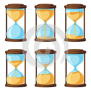 Cartoon hourglass. Old sandglass with falling sand inside, vintage timer for measuring time, animation illustration