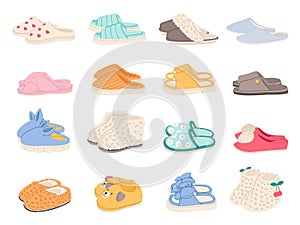 Cartoon house colorful slippers. Female and male indoor shoes, cozy flip flops, warm home footwear, cute animal muzzles photo