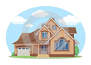 Cartoon house exterior with blue clouded sky Front Home Architecture Concept Flat Design Style. Vector illustration of