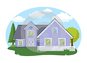 Cartoon house exterior with blue clouded sky Front Home Architecture Concept Flat Design Style. Vector illustration of