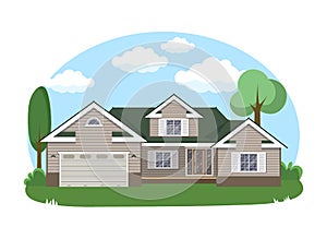 Cartoon house exterior with blue clouded sky Front Home Architecture Concept Flat Design Style. Vector illustration of