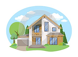 Cartoon house exterior with blue clouded sky Front Home Architecture Concept Flat Design Style. Vector illustration of