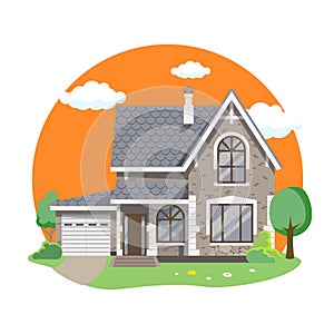 Cartoon house exterior with blue clouded sky Front Home Architecture Concept Flat Design Style. Vector illustration of