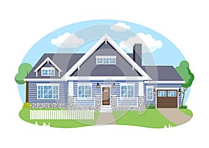 Cartoon house exterior with blue clouded sky Front Home Architecture Concept Flat Design Style. Vector illustration of