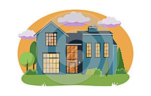 Cartoon house exterior with blue clouded sky Front Home Architecture Concept Flat Design Style. Vector illustration of