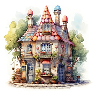 Cartoon house with flowers and candies. Watercolor cartoon illustration