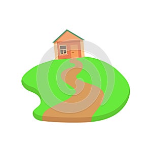 Cartoon house on green grass with a path walk leading to its door. Flat vector illustration, isolated on white