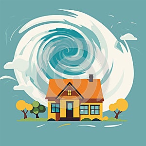 A cartoon house with a swirling tornado above it against a blue backdrop. Nature disaster concept and extreme weather