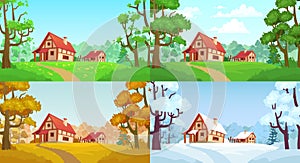Cartoon house in woods. Forest village four seasons landscapes. Spring, summer, autumn and winter trees vector illustration