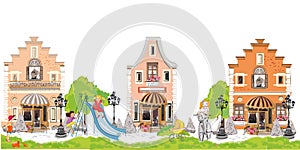 Cartoon houses with children and a playground.