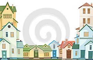 Cartoon houses of different colors. Village or town. Frame. A beautiful, cozy country house in a traditional European