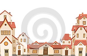 Cartoon houses with red roofs. Village or town. Frame. A beautiful, cozy country house in a traditional European style