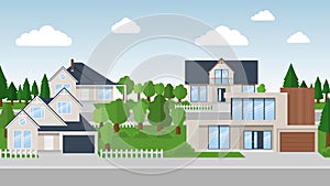 Cartoon houses set. Exterior of the residential house, front view. Vector illustration