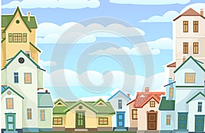 Cartoon houses with sky. Village or town. Frame. A beautiful, cozy country house in a traditional European style. Nice