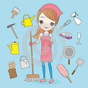 Cartoon housewife do housework cleaning