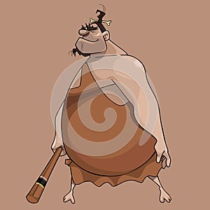 Cartoon huge fat man in neanderthal clothes with a bat in his hand