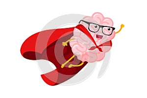 Cartoon human brain fly in sky as super hero. Clever central nervous system mascot superhero with glasses in red coat