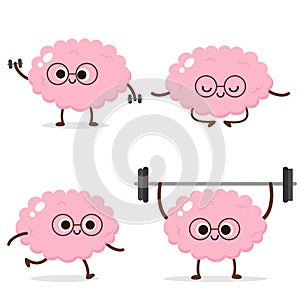 Cartoon human brain running, weight lifting, meditating