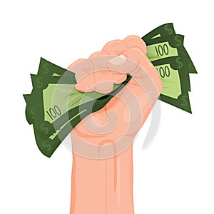 Cartoon human hand gripping banknote money tight vector graphic illustration