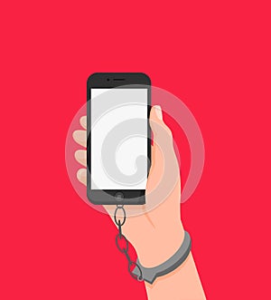 Cartoon human hand in handcuffs hold smartphone with white empty screen isolated on red