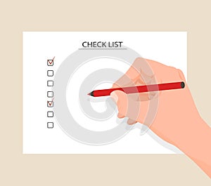 Cartoon human hand holding pen marking checkboxes on checklist vector graphic illustration