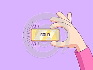 Cartoon human hand keeps and shows gold bar. Golden ingot with rays, bank reserve