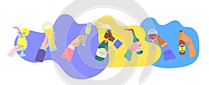 Cartoon Human Hands Holding Alcoholic Drinks Set. Vector