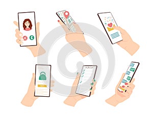 Cartoon Human Hands Holding Smartphones Icons Set. Vector