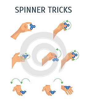 Cartoon Human Hands Holding Spinner Tricks Set. Vector