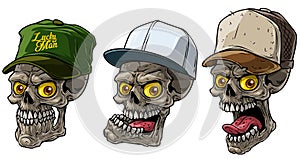 Cartoon human skull in trucker cap with yellow eye