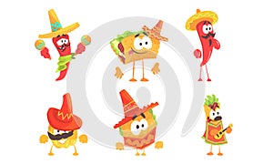 Cartoon humanized traditional mexican food. Set of vector illustrations.