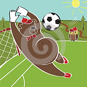 Cartoon humorous illustration.Brown bear plays football