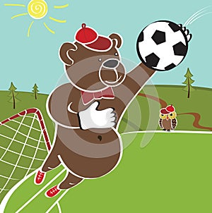 Cartoon humorous illustration.Brown bear plays football