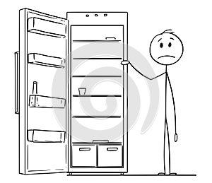 Cartoon of Hungry Man and Empty Fridge or Refrigerator