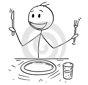 Cartoon of Hungry Man With Fork and Knife Waiting for Food