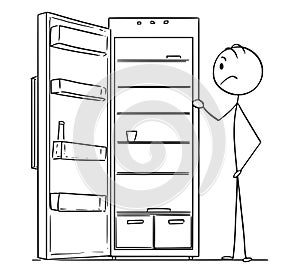 Cartoon of Hungry Man Looking in Empty Fridge or Refrigerator