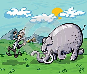 Cartoon of a hunter chased by an elephant