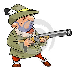 Cartoon hunter in a hat with a feather, holding the gun