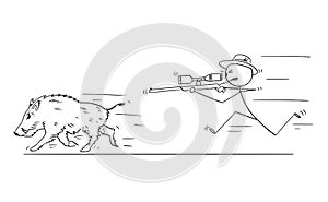 Cartoon of Hunter With Scoped Rifle Hunting Wild Boar or Swine