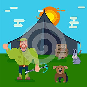 Cartoon hunters vector illustration. Hunter with dog, crossbow and hare near hunting tent on green grass and blue sky