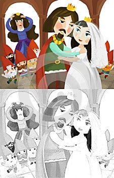 Cartoon husband and wife king and queen in castle illustration