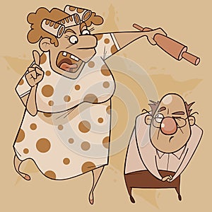 Cartoon hysterical woman in anger swings a rolling pin at her husband