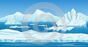 Cartoon ice arctic nature winter landscape with iceberg, snow mountains hills and penguins