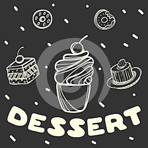 Cartoon ice cream on black background. Hand drawn illustration. Breakfast concept.